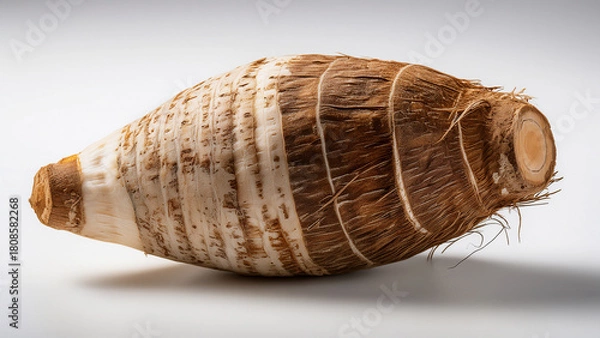 Fototapeta A whole taro root with brown textured skin on white background