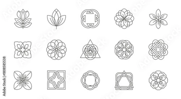 Fototapeta Set of ornamental geometric and floral icons line style for design elements