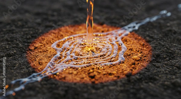 Fototapeta Close-Up Shot of a Holographic Simulation of Water Absorption Projected onto Actual Soil