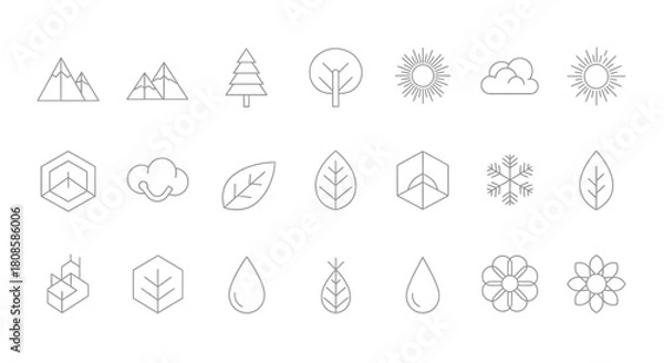 Fototapeta Nature-inspired simple line art design elements set for web design or branding with icons