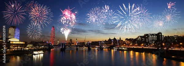 Obraz Panoramę Londynu, nocny widok, fajerwerki nad Hungerford Bridge i Big Benem