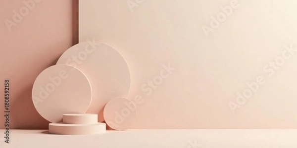 Fototapeta Pastel-toned circular forms and a tiered platform create a minimalist, elegant backdrop for product display or design presentation.