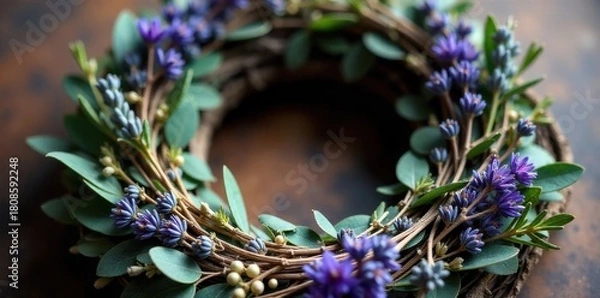 Obraz Elegant Rustic Wreath with Dried Botanicals and Wood Slice A top down view of a rustic wreath composed of dried lavender, eucalyptus sprigs, and small red berries, intricately woven around a circular