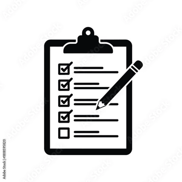 Fototapeta Black and white icon of a checklist on a clipboard with a pencil