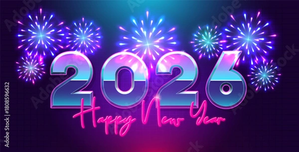 Fototapeta Happy New year 2026 retro 80s background. 3d blue purple text and explosion of fireworks. For seasonal holiday greeting web banners, flyers and festive posters