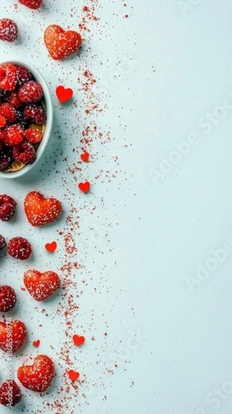Obraz A festive arrangement of red heart-shaped candies and fresh berries, sprinkled with red powder on a light blue background.