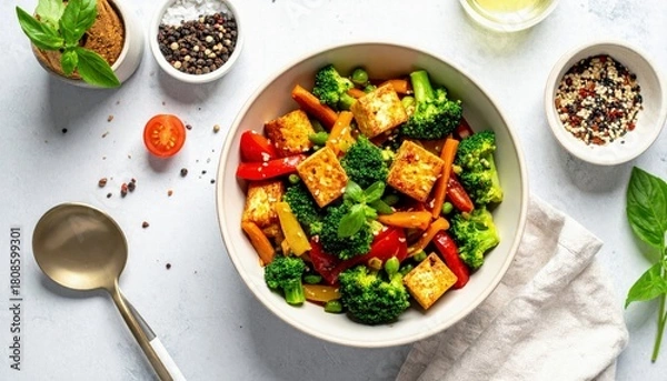 Obraz A vibrant bowl of stir-fried tofu and colorful vegetables, including broccoli, carrots, and bell peppers, is presented with fresh herbs, spices, and a spoon.