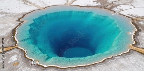 Fototapeta Grand Prismatic Spring at Yellowstone Vibrant colors reflecting in steam, showcasing geothermal wonder without human presence. Aerial view of the Grand Prismatic Spring in Yellowstone National Park.