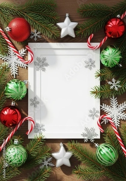 Fototapeta Festive Christmas flat lay with a blank white frame, ornaments, candy canes, and fir branches on a wooden background.