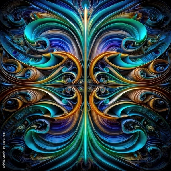 Obraz A symmetrical, ornate abstract pattern features swirling organic shapes in vibrant blues, teals, golds, and purples.