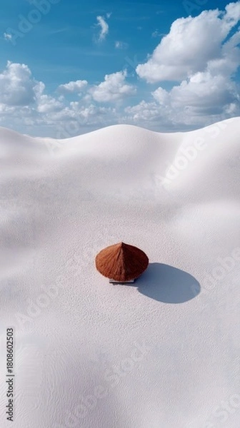Obraz An isolated, brown, dome-shaped structure sits on rolling white sand dunes, casting a shadow under a bright blue sky with scattered white clouds.