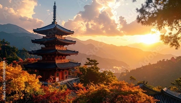 Obraz A traditional Japanese pagoda stands majestically amidst a landscape ablaze with autumn colors, bathed in the warm glow of a setting sun.