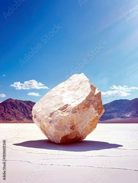 Obraz A large, light-colored boulder sits on a dry, cracked white desert surface, with rugged mountains in the background under a clear blue sky.