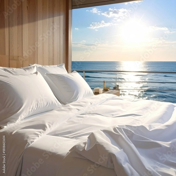 Fototapeta Ocean view from bright bed, serene, sunlit