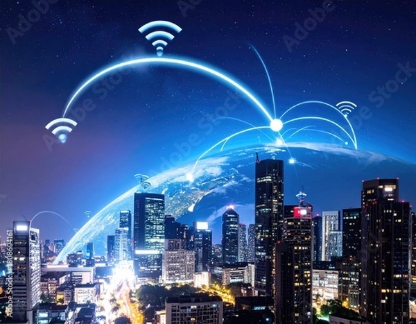 Fototapeta Cityscape with global connection lines and wifi signals