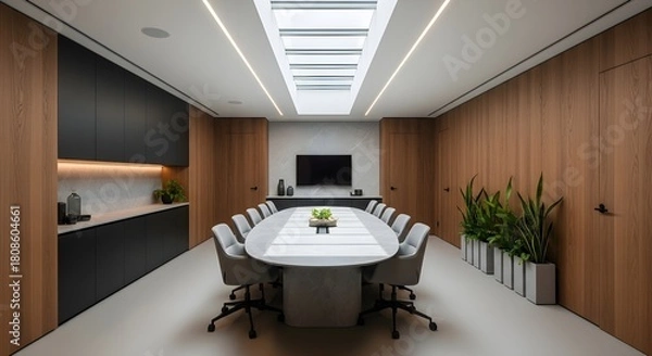 Fototapeta Modern Conference Room Interior with Oval Table, Natural Light, and Wood Paneling for Business Meetings and Corporate Presentations