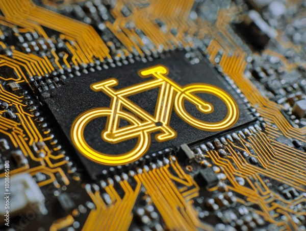 Obraz Digital concept of technology and transportation featuring a glowing bicycle icon integrated within intricate electronic circuit board pathways and components