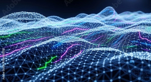 Fototapeta Abstract digital landscape of interconnected data points and flowing energy lines