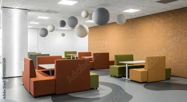 Fototapeta Modern Office Break Room with Booth Seating, Acoustic Panels, and Contemporary Design for Coworking and Collaboration Spaces