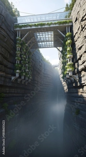 Fototapeta Futuristic Canyon Bridge with Vertical Gardens and Waterfall - Sustainable Architecture Concept