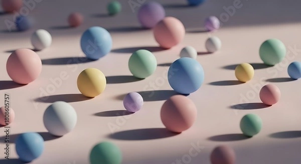 Fototapeta Softly lit easter eggs in pastel colors scattered on a light pink surface