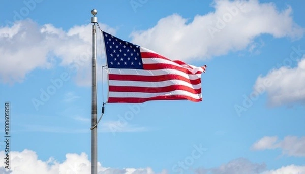 Fototapeta The American flag proudly waves against a clear blue sky filled with fluffy white clouds