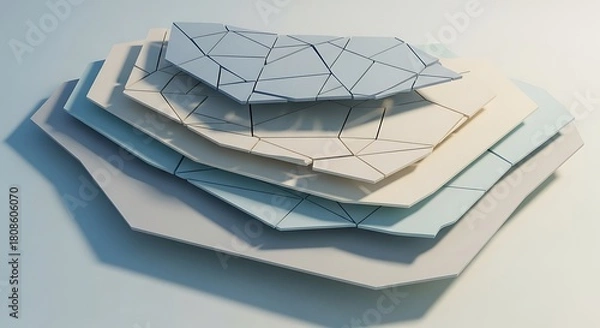 Fototapeta Abstract geometric layered sculpture with delicate line patterns and soft pastel colors