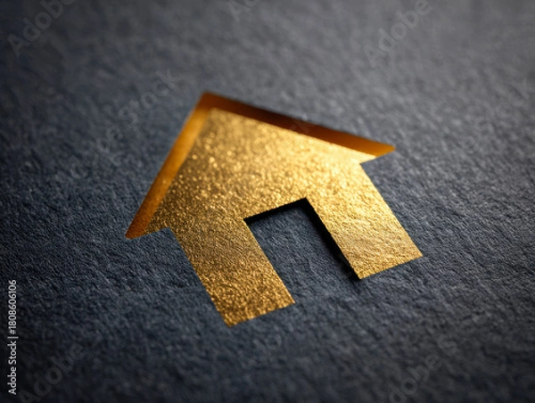 Fototapeta Elegant golden house icon embossed on textured dark paper symbolizing luxury real estate and premium property investment concepts for marketing materials