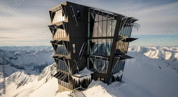 Fototapeta Modern Architecture: Ice Q Restaurant on Gaislachkogl Mountain, Sölden, Austria. Winter Landscape and Glass Facade Design.