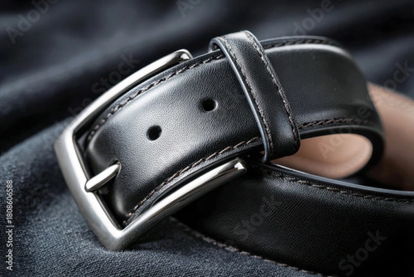 Obraz Elegant smooth black leather belt with polished silver metal buckle resting on dark fabric background showcasing fine craftsmanship and classic fashion accessory des