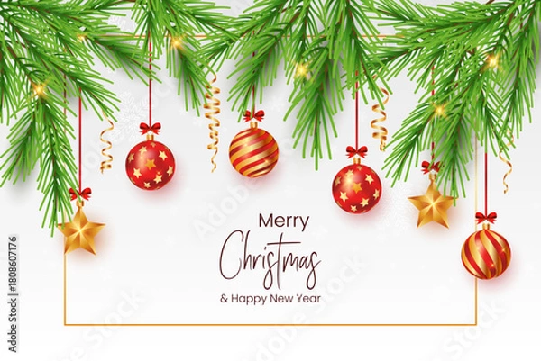 Fototapeta Christmas and New Year Greeting Card with Xmas Baubles and Star Ornaments with Golden Confetti Decoration