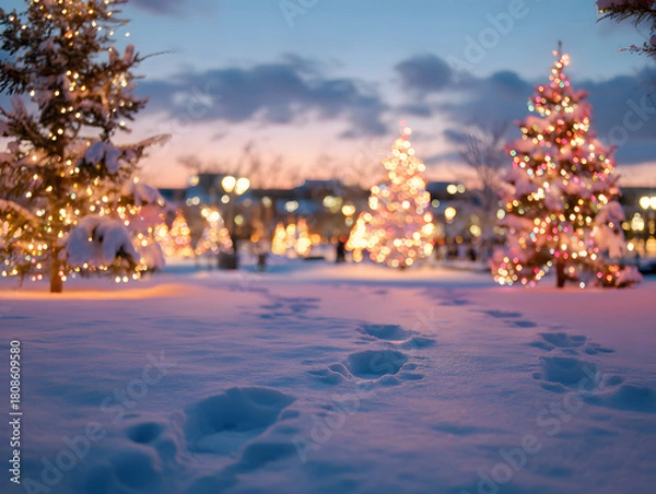 Obraz 눈 덮인 겨울 공원과 반짝이는 크리스마스트리 야경