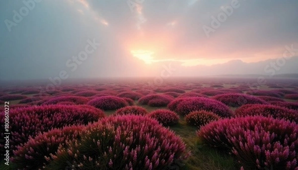 Obraz Misty Heather Moorland at Dawn A vast, undulating moorland covered in blooming heather, shrouded in a soft, ethereal morning mist. The light is diffused and gentle, with hints of sunrise breaking