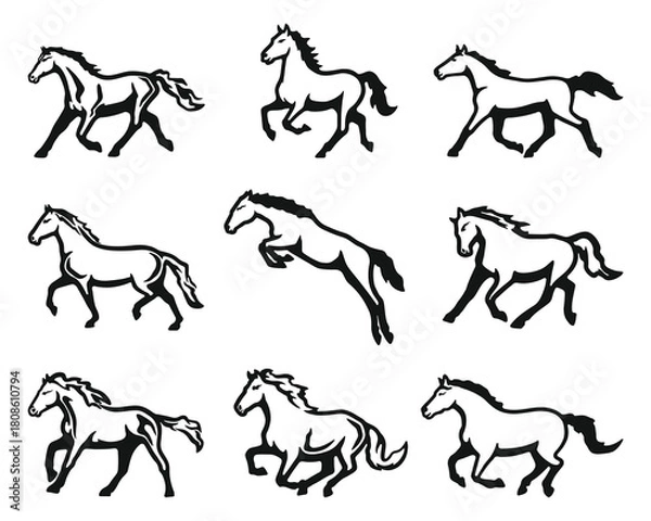 Fototapeta Set of Nine Black Horse Illustrations simple design
