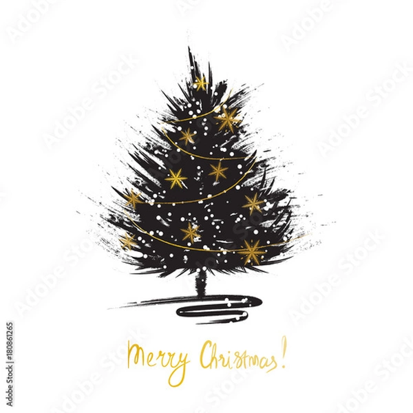 Fototapeta Christmas greeting card with Xmas tree sketch. Grunge fir with golden snowflakes