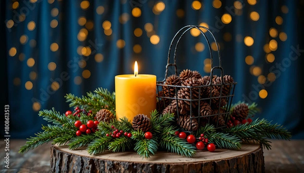 Fototapeta Yellow Candle with Pine Cones on Wood Slice and Festive Bokeh Lights