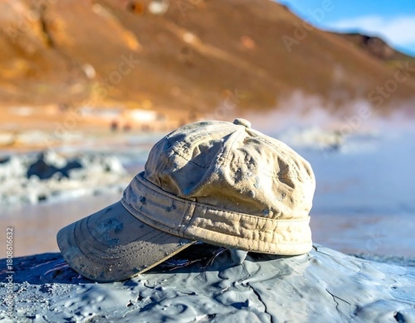 Fototapeta A worn, light-colored cap rests on gray, bubbling mud in a geothermal area, with a blurred backdrop of hills and steam