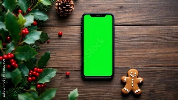 Fototapeta Green screen smartphone screenshot on Christmas Background