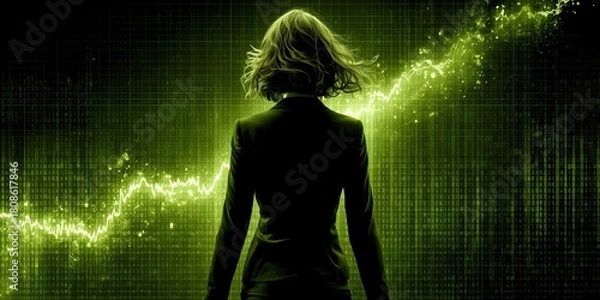 Fototapeta Double exposure of shadow of businesswoman and green stock chart line