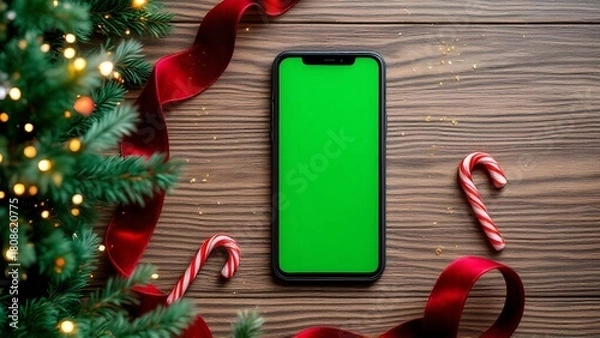 Obraz Green screen smartphone screenshot on Christmas Background