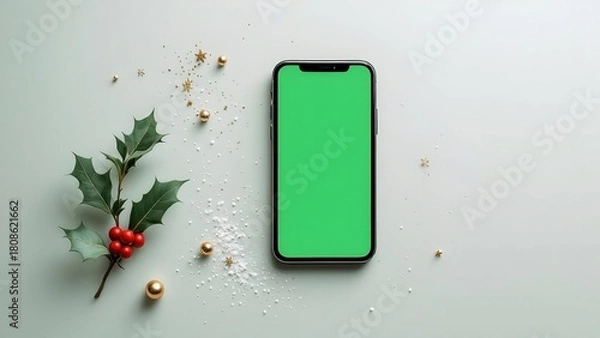 Fototapeta Green screen smartphone screenshot on Christmas Background
