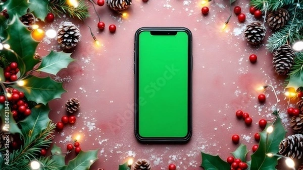 Obraz Green screen smartphone screenshot on Christmas Background