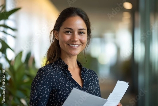 Obraz Smiling accountant holds paperwork at a modern office, presenting a friendly yet professional demeanor while working on financial tasks, Generative AI