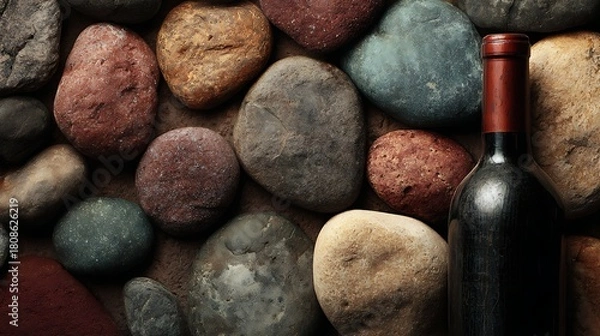 Fototapeta High quality image of wine bottle on a background of colorful stones in a studio shot.