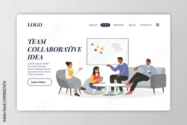 Fototapeta Team work flat horizontal web site banner with group of happy people vector illustration