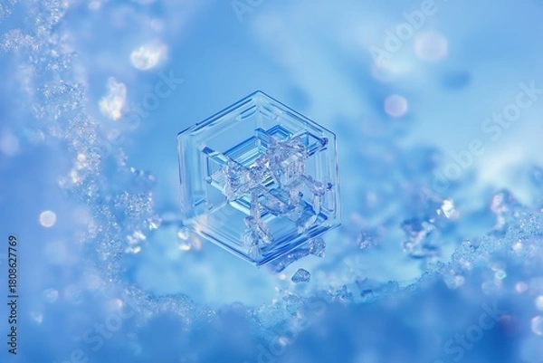 Obraz Detailed macro view of ice crystals in blue hues on winter surface, highlighting unique geometric frost shapes for nature photography and environmental science projects.