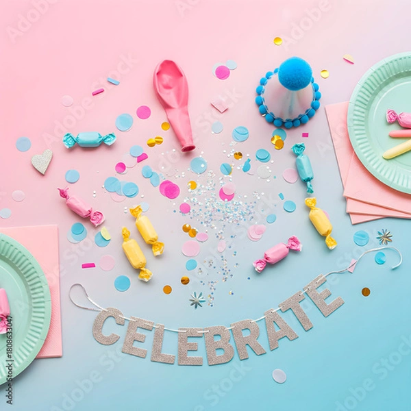 Fototapeta Overhead flat lay of colorful party supplies scattered across a pink and blue gradient background.