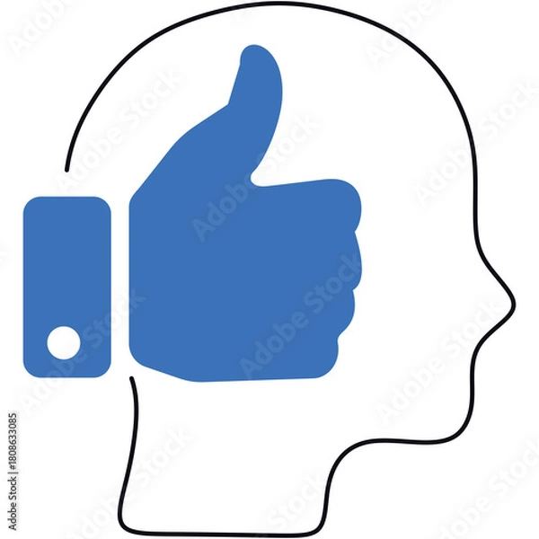 Fototapeta Positive Mental Attitude Head Silhouette With Blue Thumbs Up Icon Symbolizing Approval And Agreement On Transparent Background