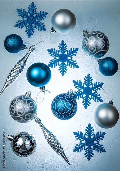 Fototapeta A creative flat lay of Christmas ornaments in various shades of blue and silver, including matte and shiny spheres, textured ornaments, and glittery snowflake cutouts.