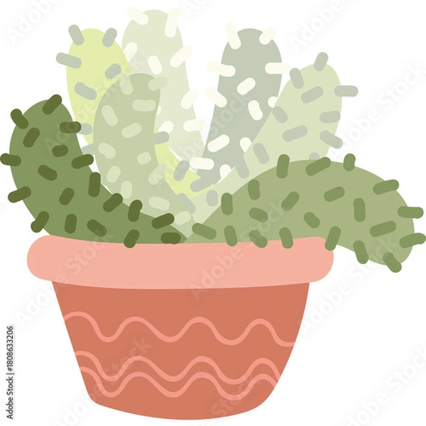Fototapeta Potted Opuntia Cactus with Green and Yellow Tones and Textured Terracotta Pot